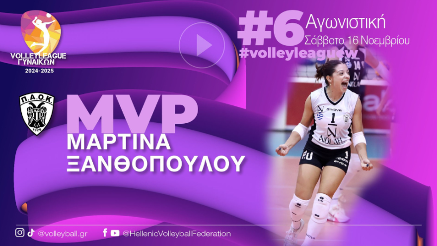 MVP η Ξανθοπούλου και καλύτερη επτάδα με Μπάκα στην 6η αγωνιστική της Volley League γυναικών!