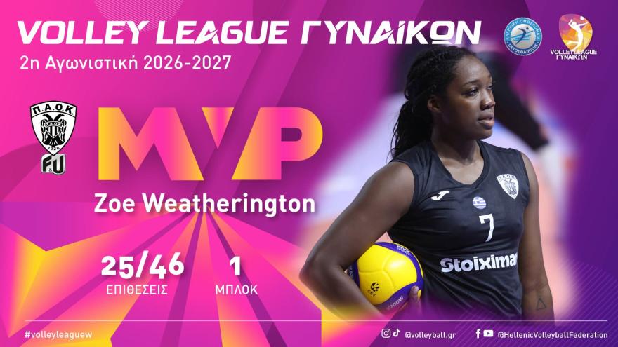 Volley League Γυναικών: Η Ζόε Γουεδέρινγκτον MVP της 2ης αγωνιστικής