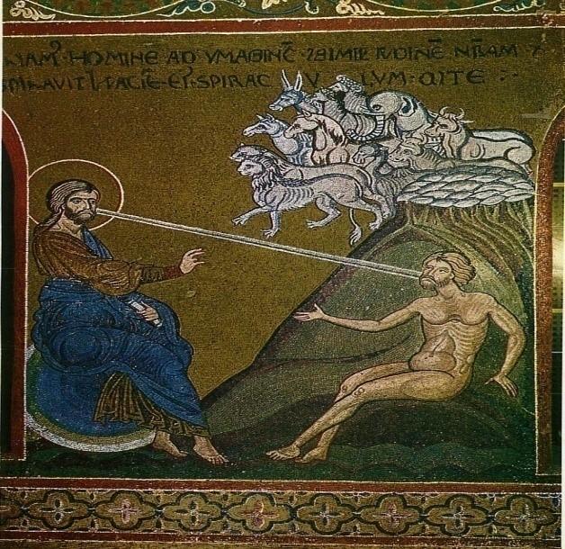 Βυζαντινό ψηφιδωτό με τέτράφυλλα της Δημιουργίας του Αδάμ, (Καθεδρικός Ναός Μονρεάλε).