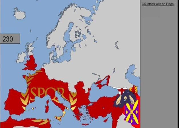 χάρτης της Ρωμαϊκής Αυτοκρατορίας και σημαίες του Βυζαντίου