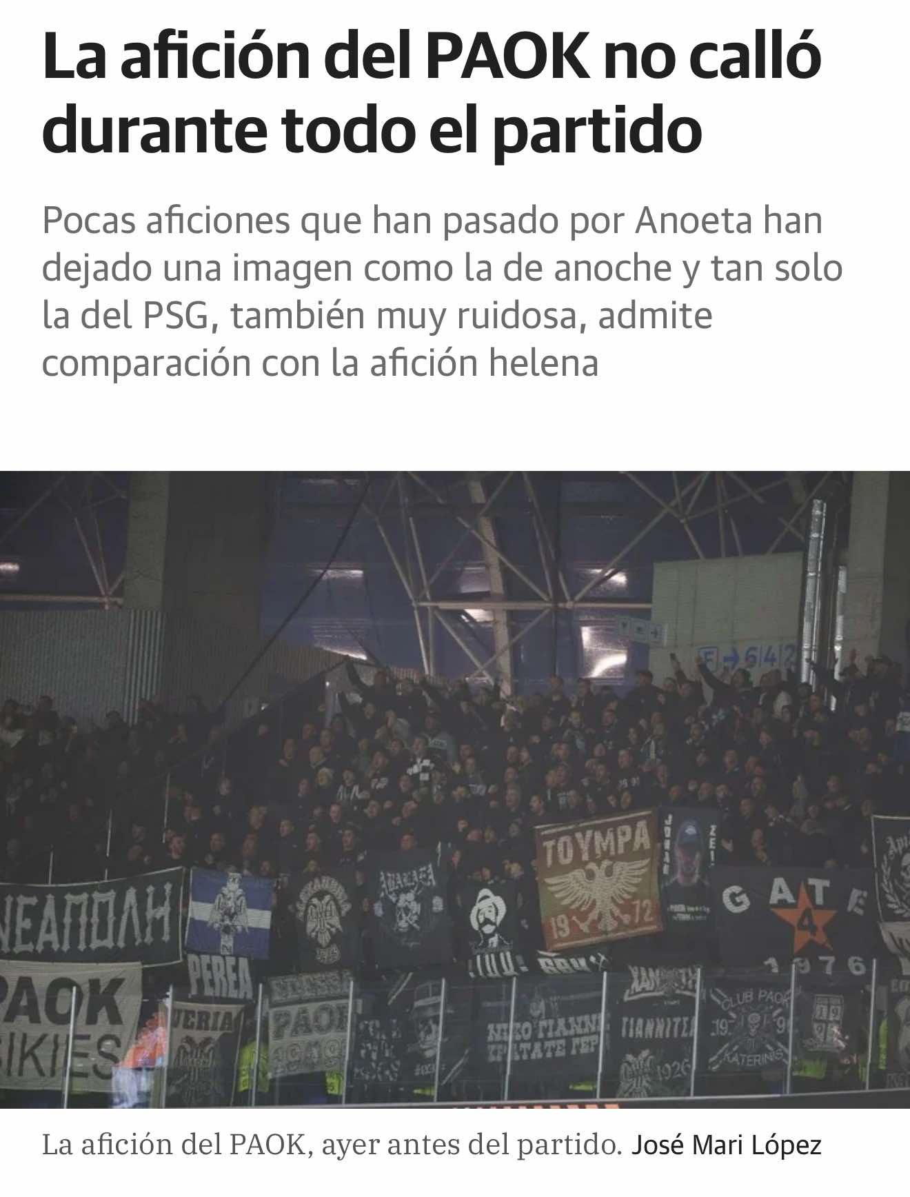 Άρθρο στα Ισπανικά ΜΜΕ για τους οπαδούς του ΠΑΟΚ στο γήπεδο της Ρεάλ Σοσιεδάδ