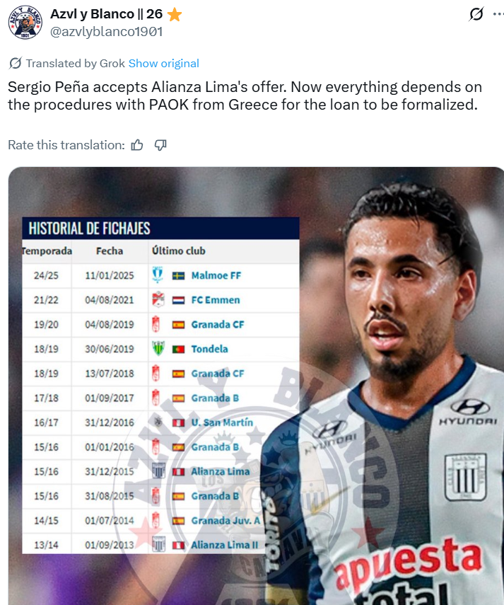 Tweet για το μεταγραφικό σενάριο του Πένια στην Αλιάνσα Λίμα